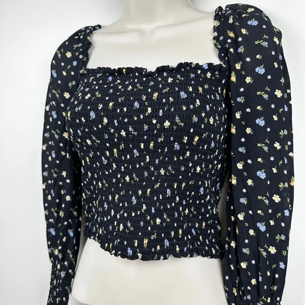 Reformation Blouse Top Pinto Smocked Puff Sleeve Jolene Ditsy Floral Black Small
